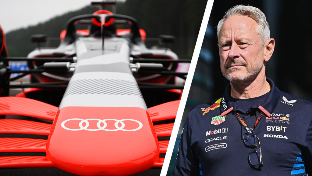 personer framför en röd Audi F1-bil (AI text)