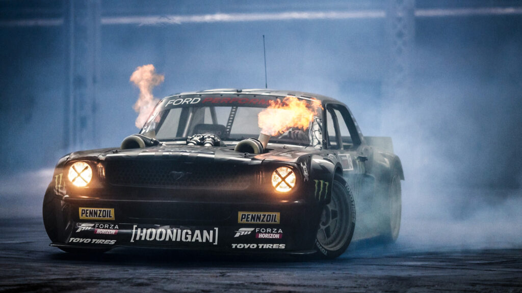 En racerbil med rök som kommer ut ifrån den (AI text)