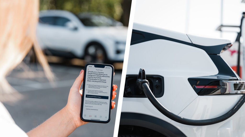 En kvinna laddar sin bil med hjälp av en mobiltelefon. (AI text)