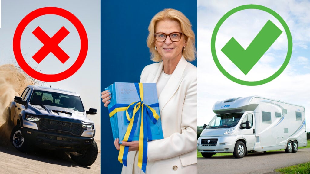 Kollage med en RAM 15000, finansministern och en husbil från Kabe.