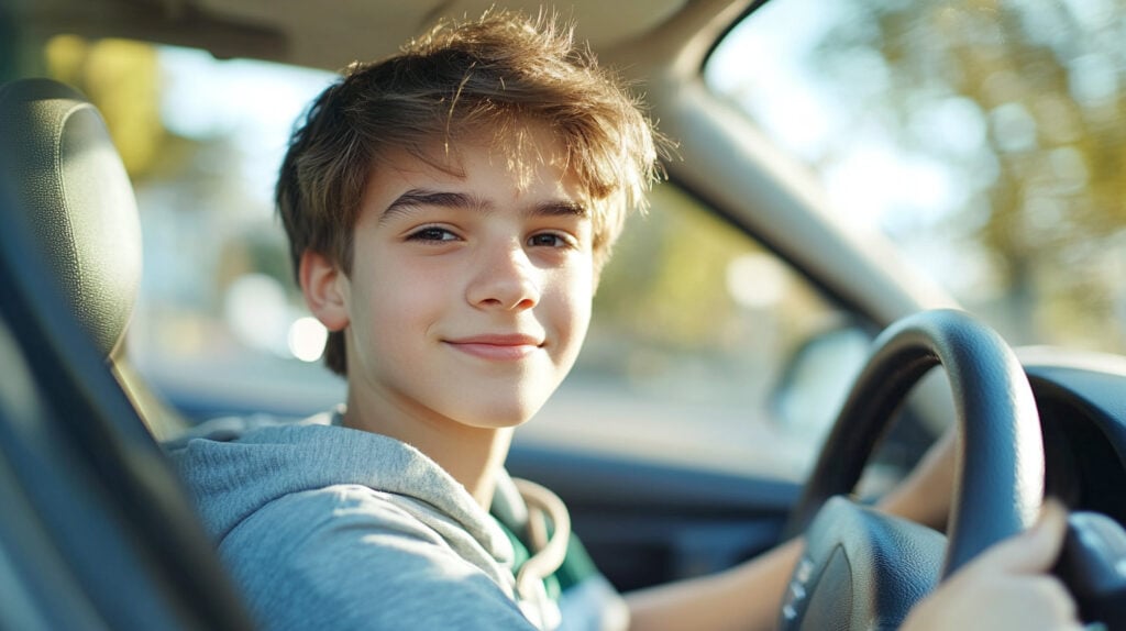 En ung pojke kör en bil. (AI text)