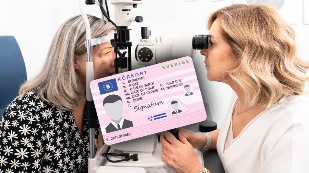 En kvinna undersöker sitt öga under ett ögonläkarseminarium. (AI text)