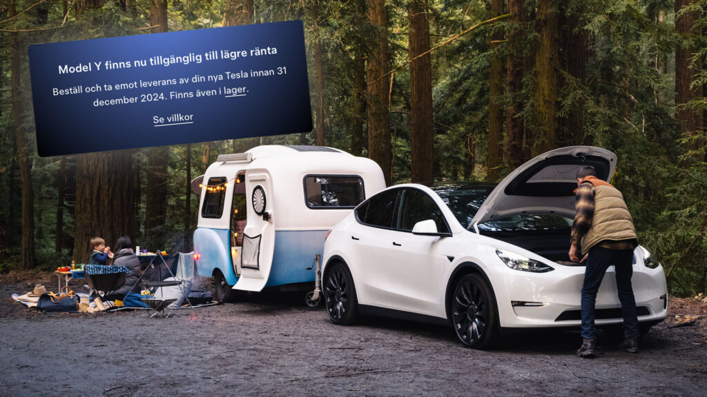 En Tesla Model X parkerad i skogen. (AI text)