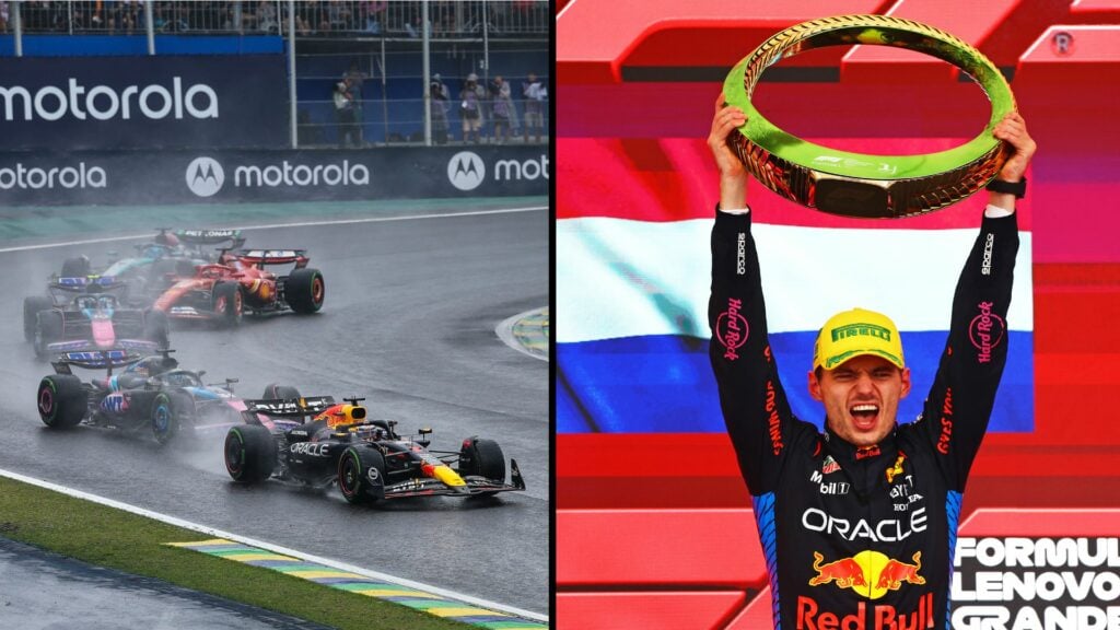 Kollage: Max Verstappen på podiet och på banan i Brasilien.