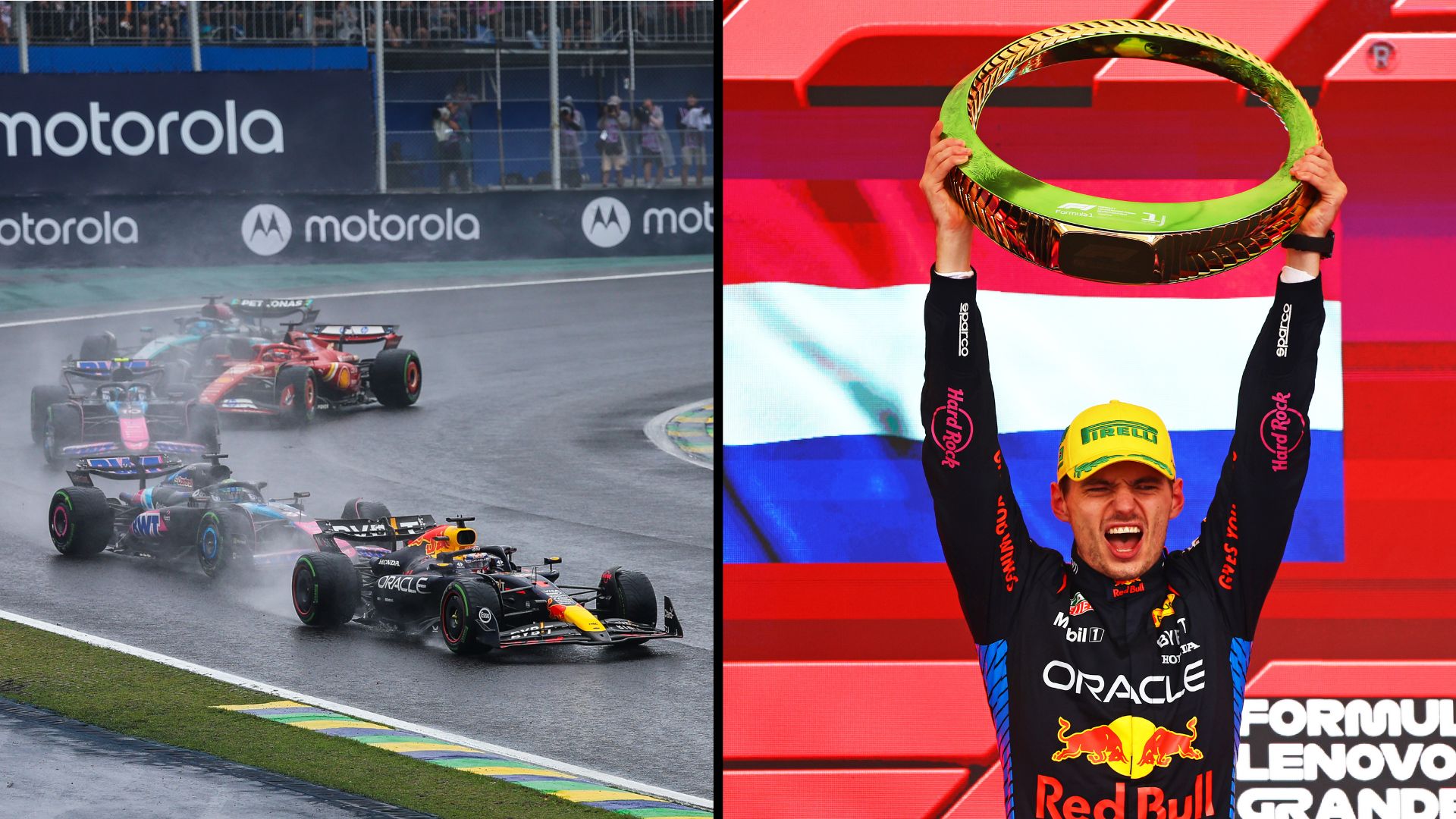 Kollage: Max Verstappen på podiet och på banan i Brasilien.