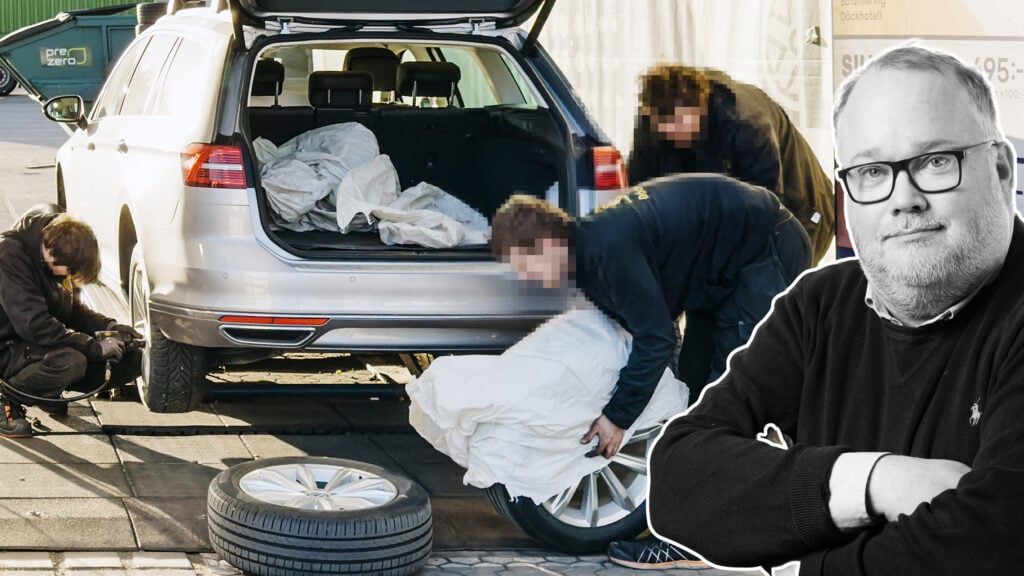 Bild på däckbyte. Magnus Fröderberg infälld.