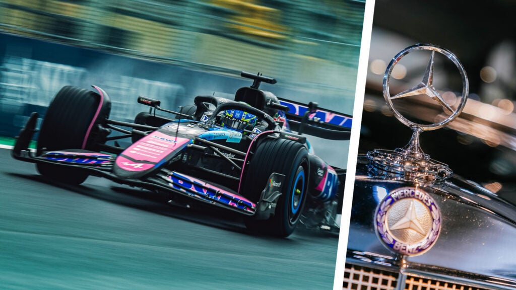 Bild på Alpines F1-bil plus en Mercedes-logga.