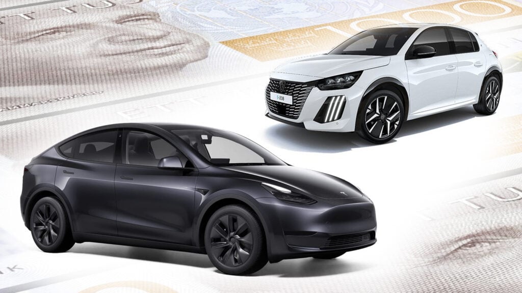 Peugeot e-208 och Tesla Model Y Long Range.