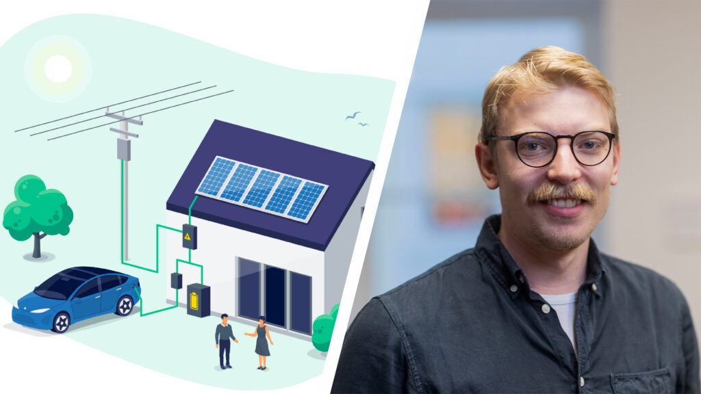 Bil som laddar hur och skickar el till nätet. Bild på John Ramsö från Energikontor Norra Småland är infälld.