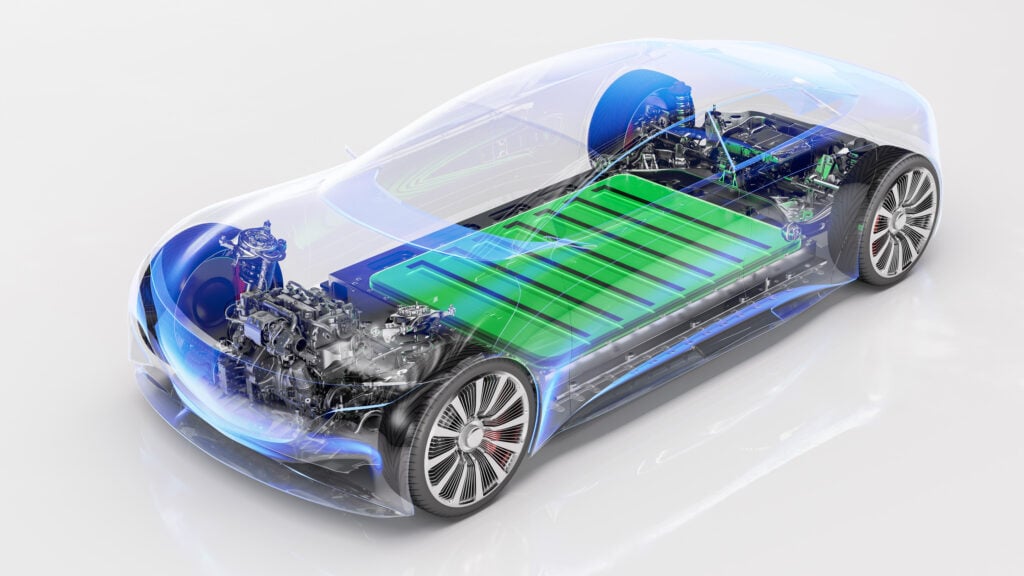 En bil med en batteripack mitt i fordonet. (AI text)
