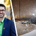 Bild på hjullastare som skyfflar snö. Björn Sandvall från Castellum är infälld till vänster i bild.