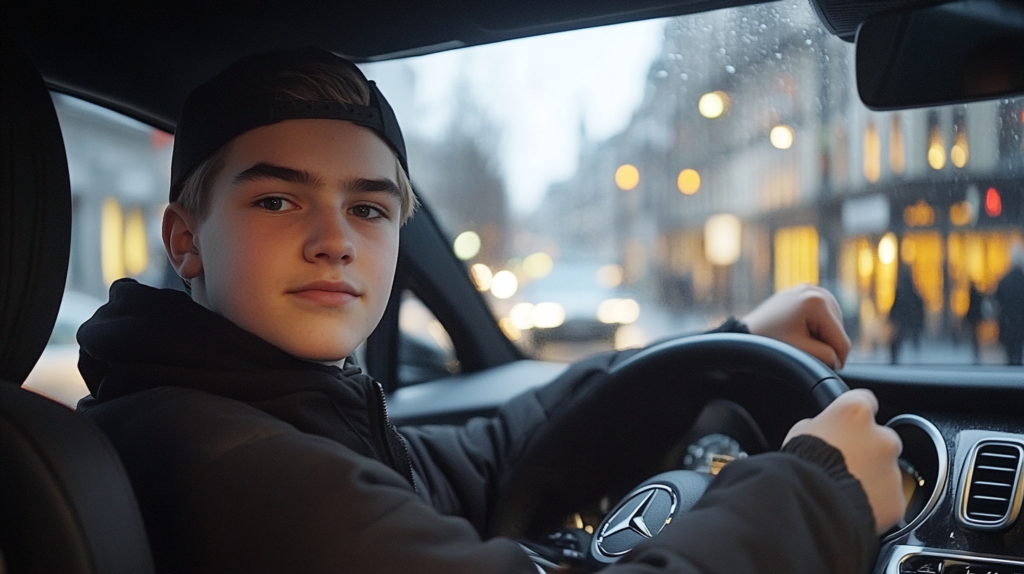 Ung taxichauför med bakåtvänd keps i en Mercedes.