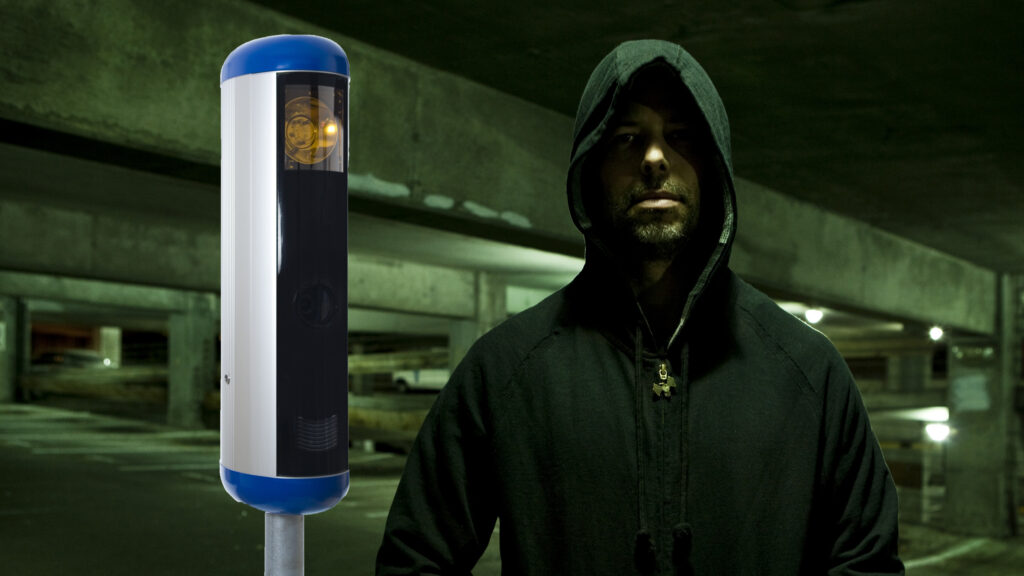 Arrangerad bild på gängkriminell tillsammans med en fartkamera.