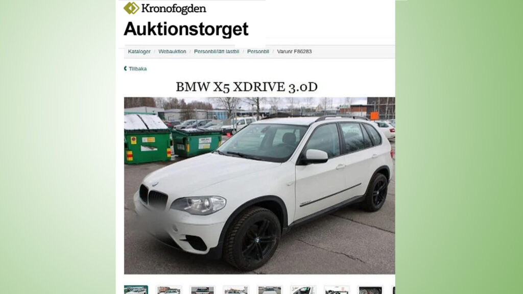 Annons från Kronofogden med vit BMW X5.