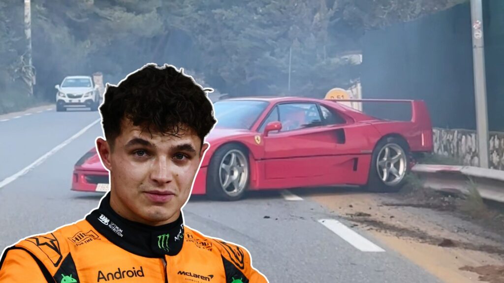 Lando Norris i McLaren-klädsel framför sin röda Ferrari F40, som står skadad vid ett vägräcke på Monacos gator efter en olycka.