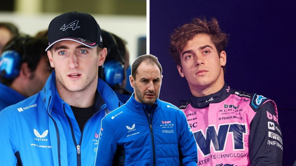 Bildmontage med Jack Doohan i Alpines teamkläder till vänster, Franco Colapinto i racingoverall till höger och Alpines stallchef Oliver Oakes i mitten.