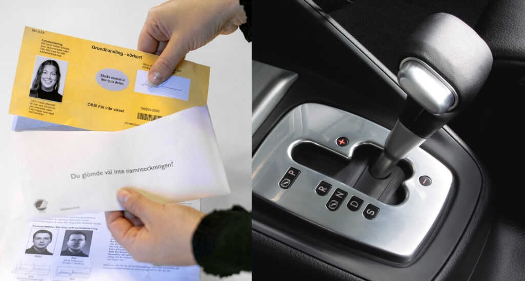 Underlag för körkort samt bild på automatisk växellåda.