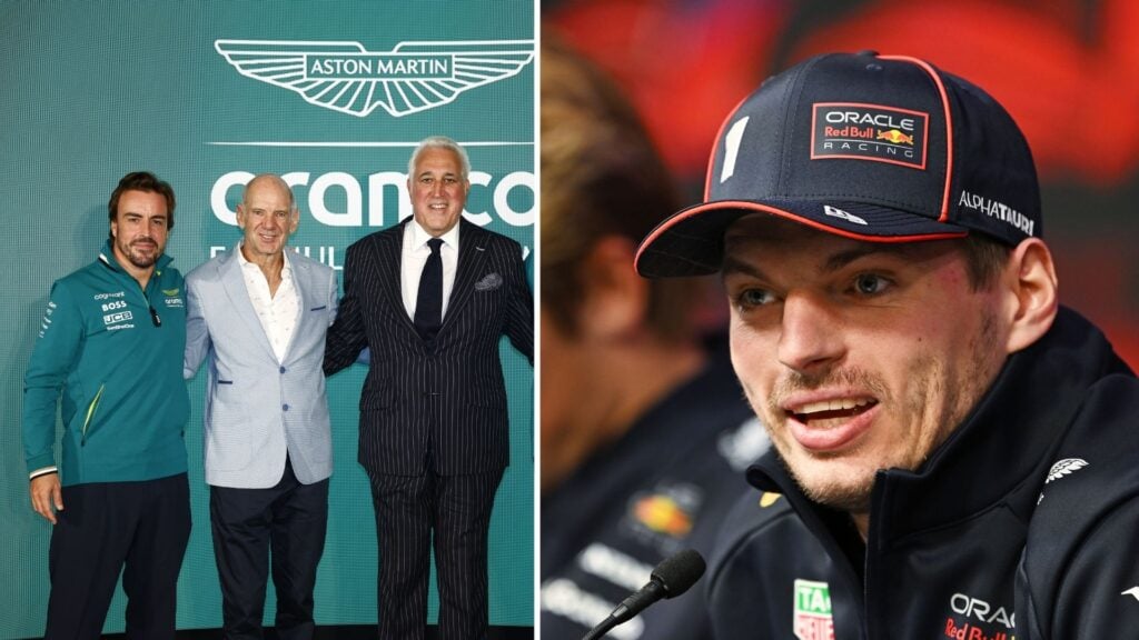 Fernando Alonso, Adrian Newey och Lawrence Stroll poserar tillsammans vid ett Aston Martin-event. Max Verstappen syns på en separat bild under en presskonferens.