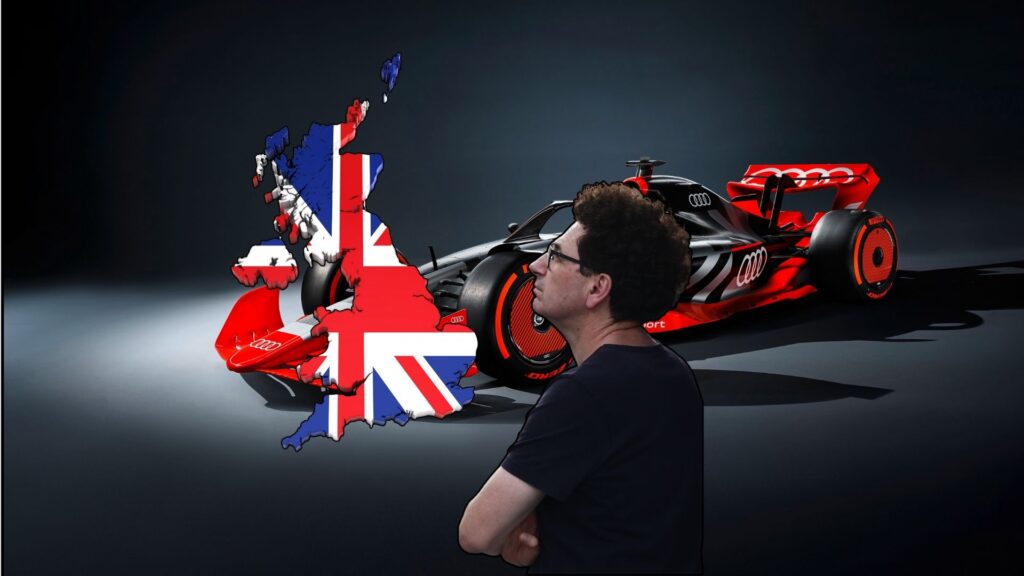 Montage som visar en stiliserad karta av Storbritannien med Union Jack-mönster, en röd och svart Audi F1-bil i bakgrunden och Mattia Binotto i profil som tittar mot bilden. Illustration av Audi F1:s expansion till Storbritannien.
