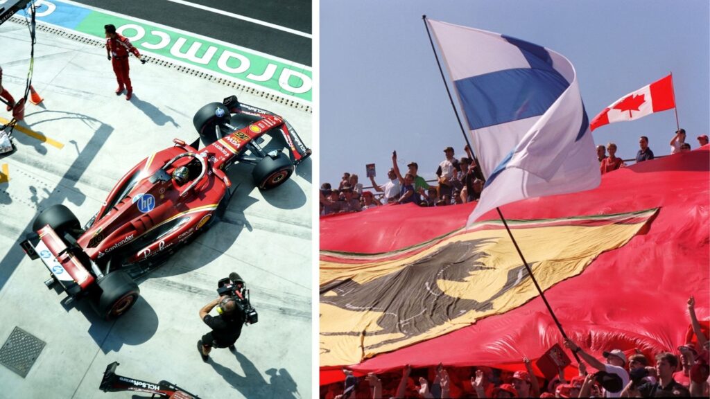 En Ferrari-bil lämnar depån medan en kameraman filmar. Vid sidan syns en stor finsk flagga vajande över en Ferrari-banner bland fans på läktaren.