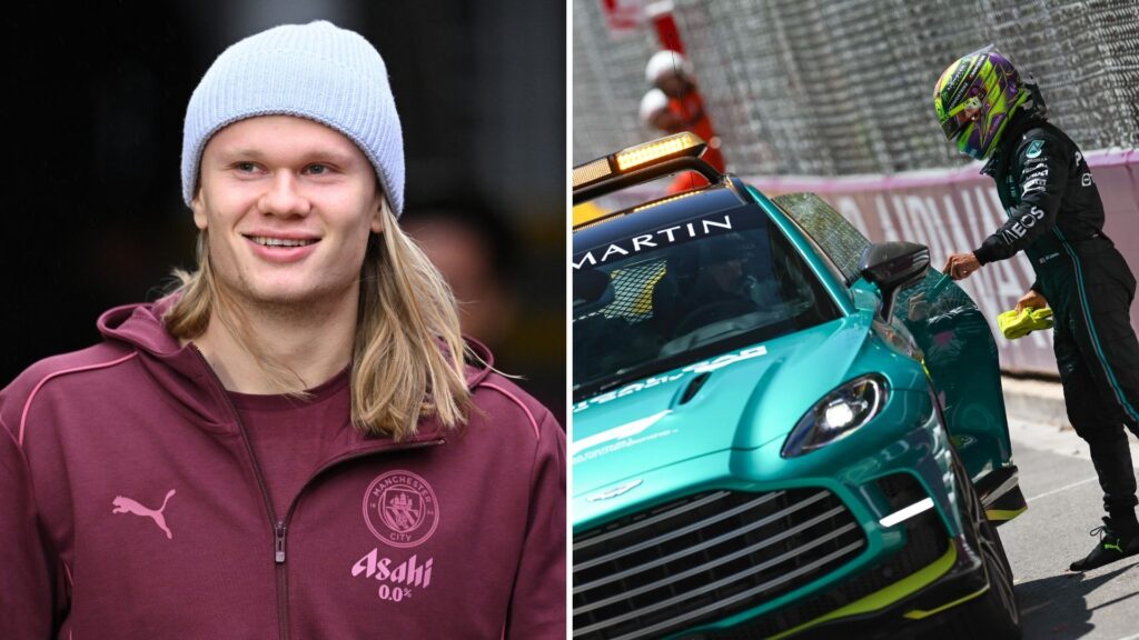 Erling Haaland i Manchester City-träningsoverall till vänster, och en Aston Martin DBX 707 Formel 1-säkerhetsbil med förare vid dörren till höger.