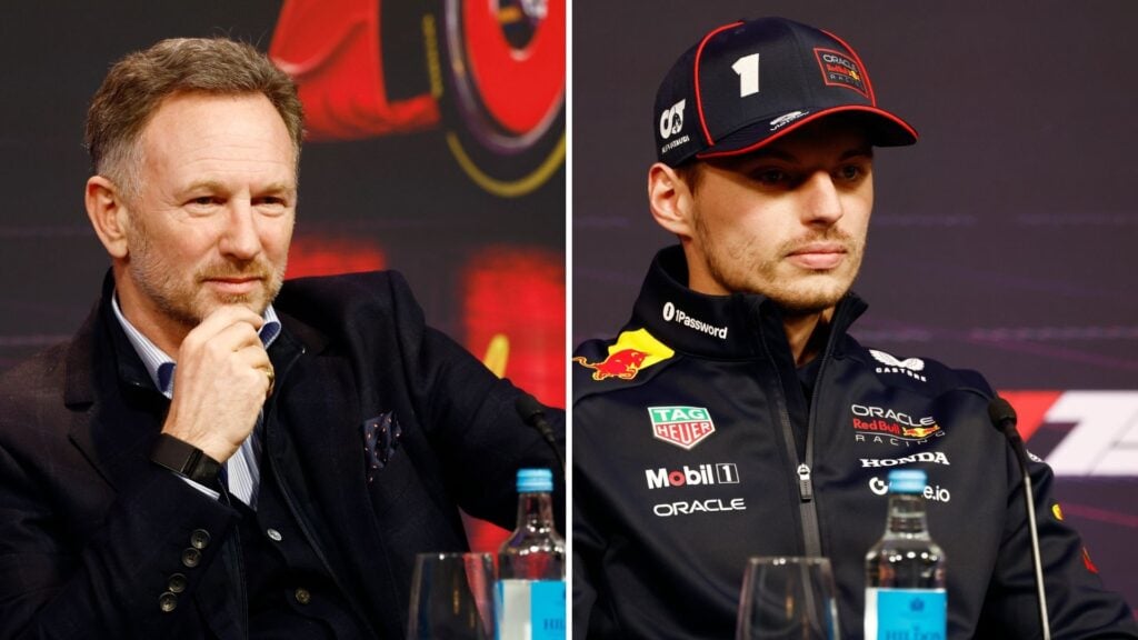 Christian Horner och Max Verstappen under en presskonferens vid F1 75 Live i London. Båda möttes av burop från publiken, vilket senare fick FIA att reagera.