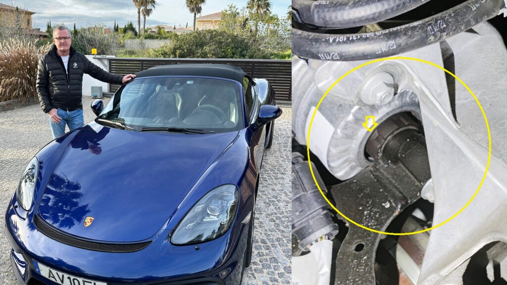 Kent Ove Bovellan med blå Porsche plus detaljbild av motorfäste.