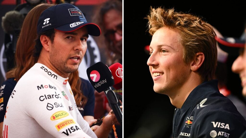 Bild på Sergio Perez och Liam Lawson. Perez syns under en intervju i Red Bulls vita teamkläder, medan Lawson ler i en Red Bull-jacka.