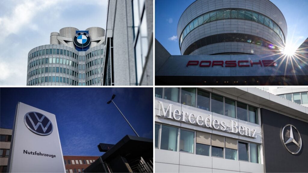 Bildcollage med BMW, Porsche, Volkswagen och Mercedes-Benz huvudkontor, som representerar Tysklands bilindustri.