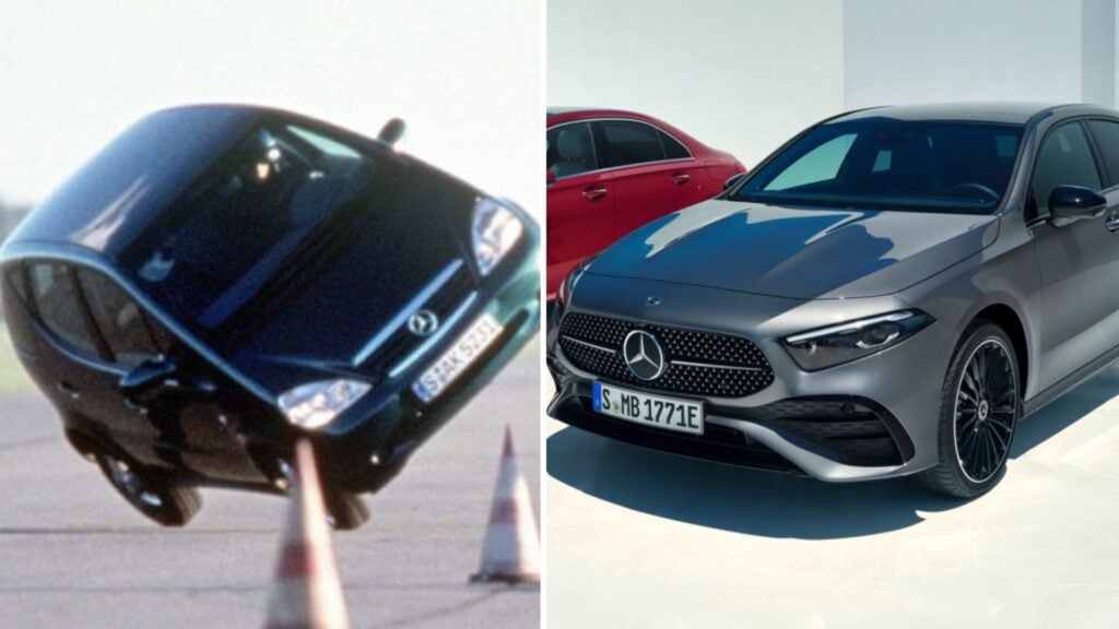 Delad bild av Mercedes A-Klass: Till vänster en svart första generationens A-Klass som välter i ett älgtest, till höger en modern grå A-Klass parkerad i en studio.