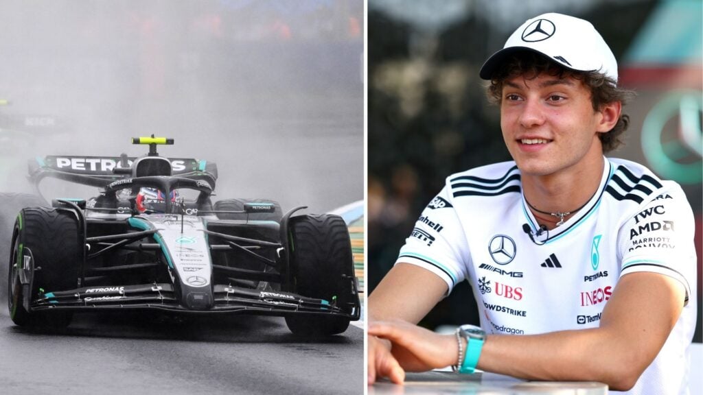 Montage av Andrea Kimi Antonelli i aktion under Australiens GP och ett porträtt där han ler i Mercedes-kläder. På den vänstra bilden navigerar han sin Mercedes genom regnet, medan den högra visar honom avslappnad efter racet.