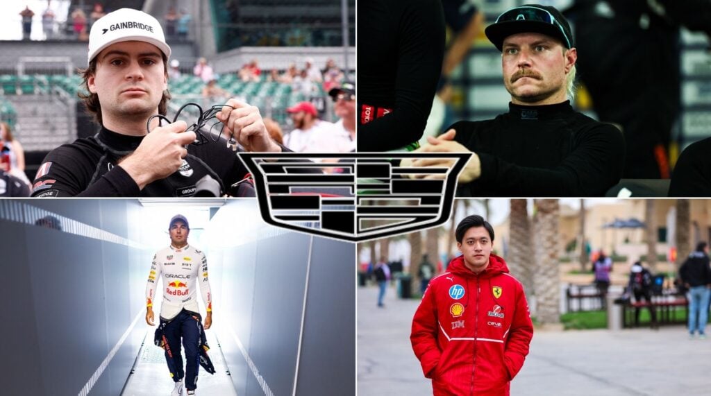 tt montage med fyra förare som kopplas till Cadillac F1:s debut i Formel 1 2026. Överst till vänster syns Colton Herta i IndyCar-kläder, överst till höger Valtteri Bottas i svart racingoverall. Nederst till vänster Sergio Perez i Red Bull-racingdräkt och nederst till höger Guanyu Zhou i Ferraris reservförarkläder. I mitten syns Cadillacs logotyp.