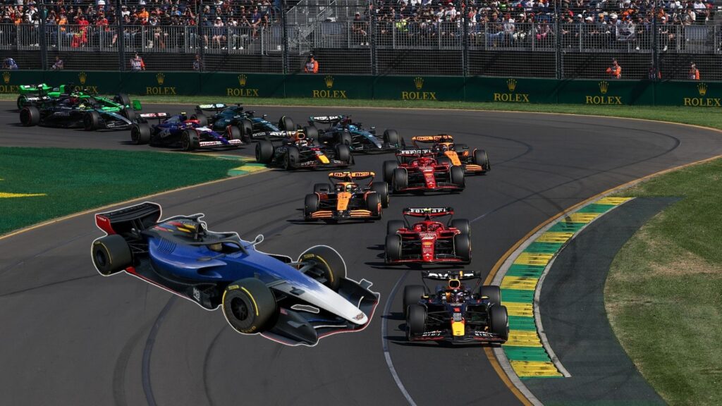 Illustration av en Cadillac F1-bil infogad i en bild från en F1-start på Albert Park, där de nuvarande teamen tävlar.