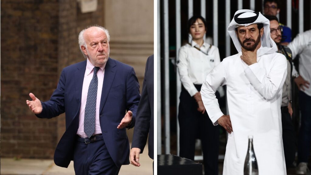 David Richards, ordförande för brittiska motorsportsförbundet, till vänster, och FIA:s president Mohammed Ben Sulayem, till höger, i en bild som symboliserar den pågående konflikten inom motorsportens styrande organ.