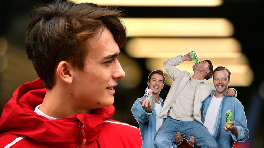 Dino Beganovic i profilbild med röd racingjacka. I bakgrunden syns humorgruppen JLC i ett montage där de håller i och dricker energidrycken Joluca.