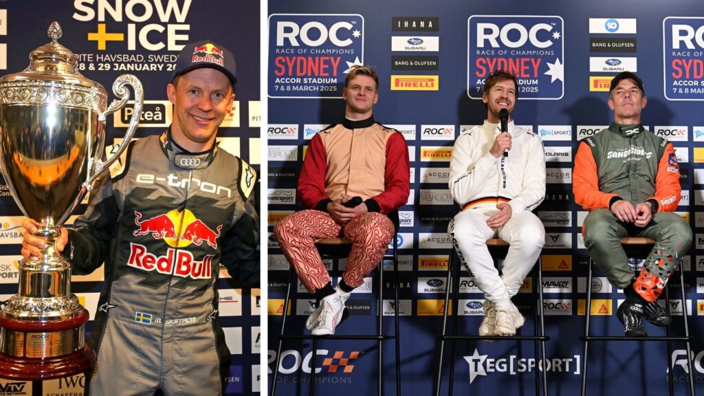 Mattias Ekström firar sin Race Of Champions-titel från Piteå 2023 med en stor pokal. Till höger syns Mick Schumacher, Sebastian Vettel och Sébastien Loeb på en presskonferens inför ROC Sydney 2025, där de nu är favoriter i Ekströms frånvaro.