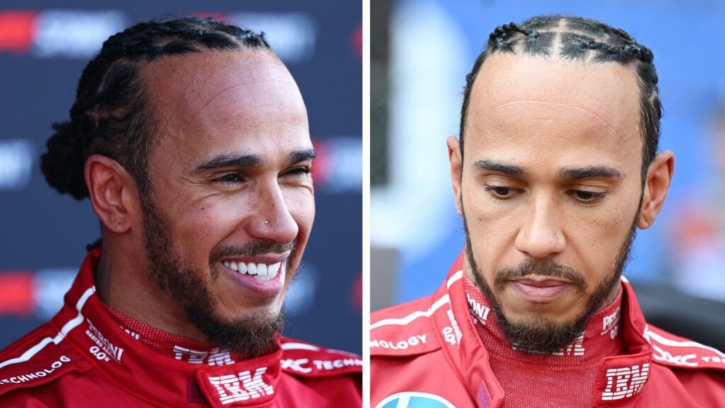 Lewis Hamilton i Ferrarikläder – först leende efter sprintseger, sedan besviken efter diskning i Kinas GP 2025.