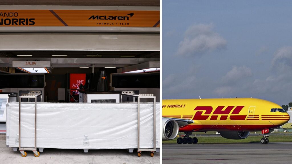 En DHL Boeing 777 på flygplatsen och McLaren-utrustning i ett F1-garage. Bilden illustrerar F1:s logistik och fraktproblem inför Kinas GP.