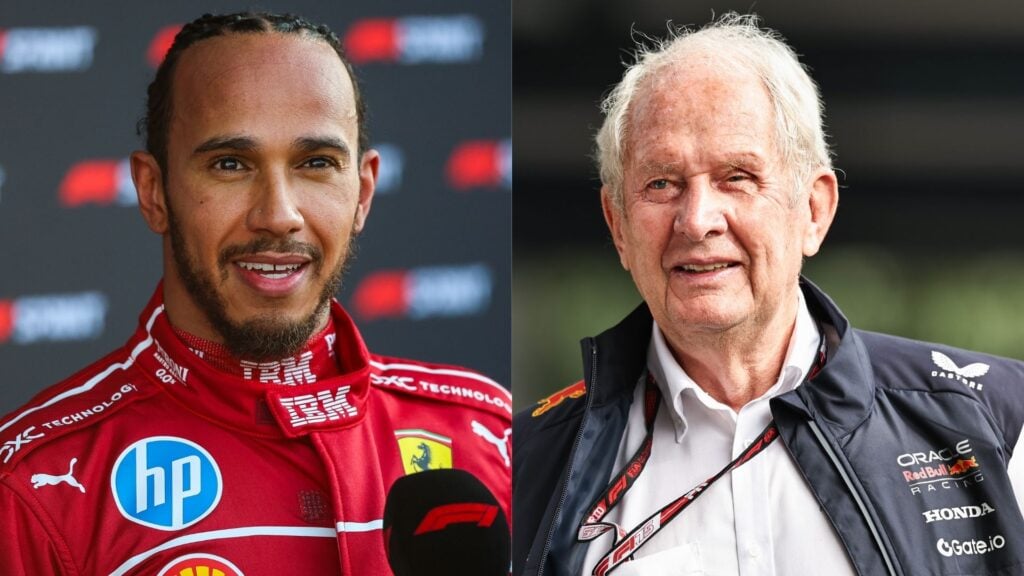 Lewis Hamilton i Ferrari-kläder bredvid Red Bulls Helmut Marko. Marko kallade Hamiltons poleposition för ‘otrolig’ efter sprintkvalet i Kinas GP 2025.