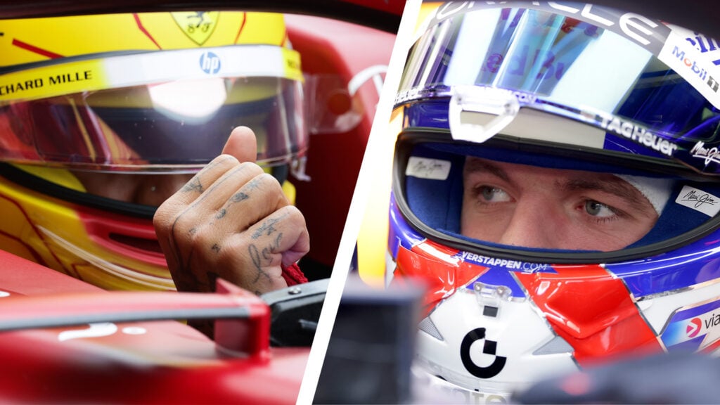 Lewis Hamilton i sin Ferrari och Max Verstappen i sin Red Bull inför Formel 1-säsongen 2025. Stallen förbereder sig för en ny titelstrid – vem är snabbast?
