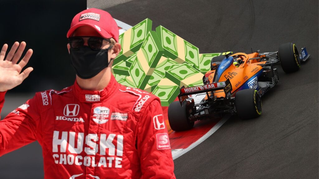Montagebild med Marcus Ericsson i röd racingdräkt med Huski Chocolate-logga till vänster, en McLaren F1-bil med Huski-reklam på bakvingen till höger och en illustration av en hög med sedelbuntar i bakgrunden.