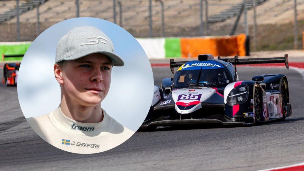 Joel Granfors i racingoverall och keps, med sin LMP3-bil på banan under ett test inför Michelin Le Mans Cup.