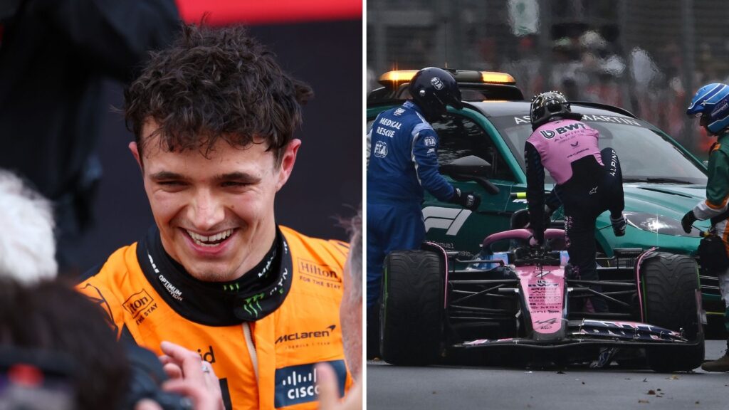 Lando Norris firar sin seger i Australiens GP med ett stort leende, medan Jack Doohan kliver ur sin kraschade Alpine bredvid säkerhetsbilen efter en avåkning.