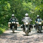 Tre motorcyklister kör på en grusväg i skogen.