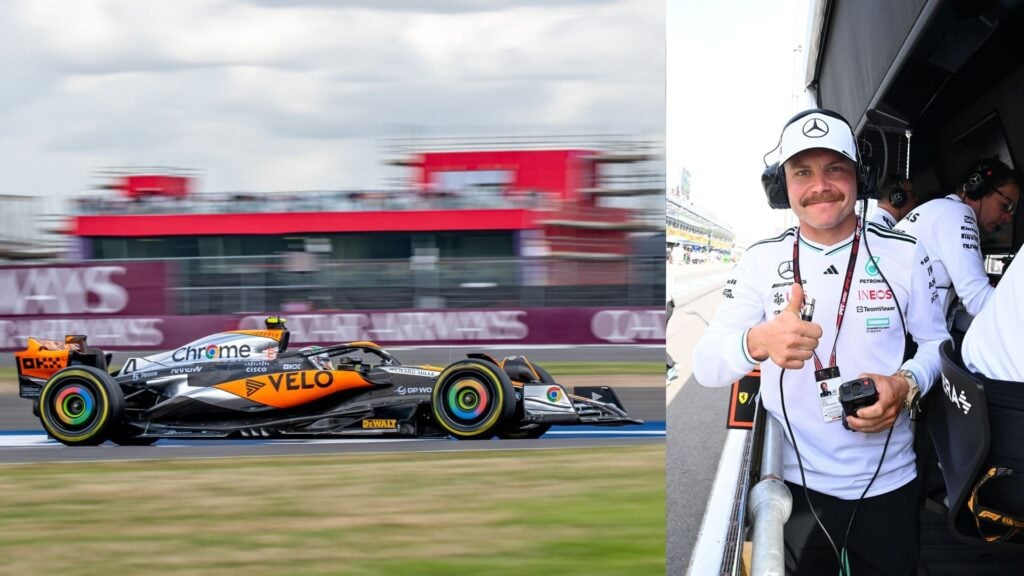Valtteri Bottas i Mercedes-kläder och McLaren MCL60 på bana under F1-säsongen 2023.