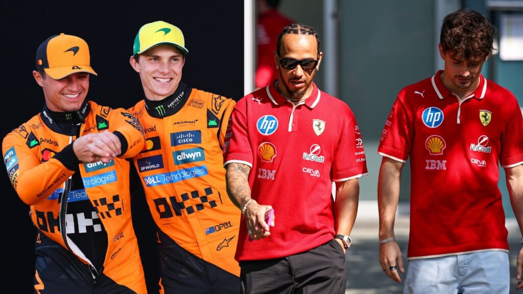 Lando Norris och Oscar Piastri från McLaren firar sin dubbelseger i Kinas GP 2025, medan Ferrari-förarna Lewis Hamilton och Charles Leclerc ser nedslagna ut efter att ha diskats från loppet.