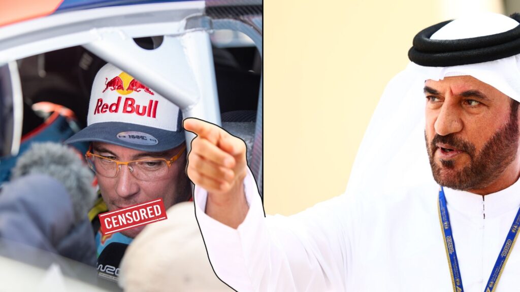 Delad bild av rallyföraren Thierry Neuville i en WRC-bil med en censureringsstämpel över munnen, medan FIA-president Mohammed Ben Sulayem pekar och pratar bestämt. Bilden symboliserar konflikten mellan WRC-förarna och FIA kring nya språkregler.