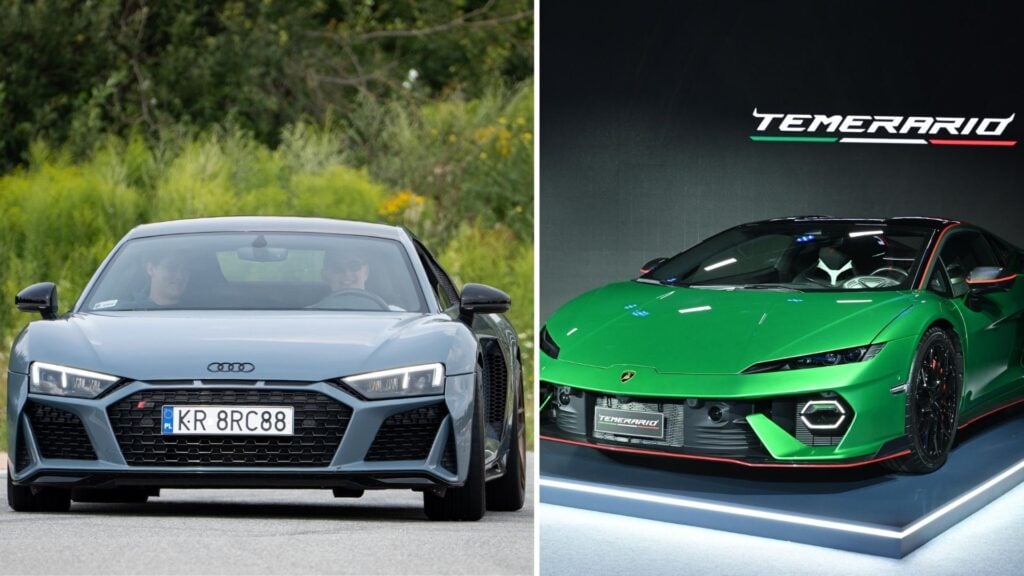 Delad bild av en grå Audi R8 och en grön Lamborghini Temerario. Den kommande Audi R8 ska dela teknik med Lamborghini och få en kraftfull hybrid-V8.