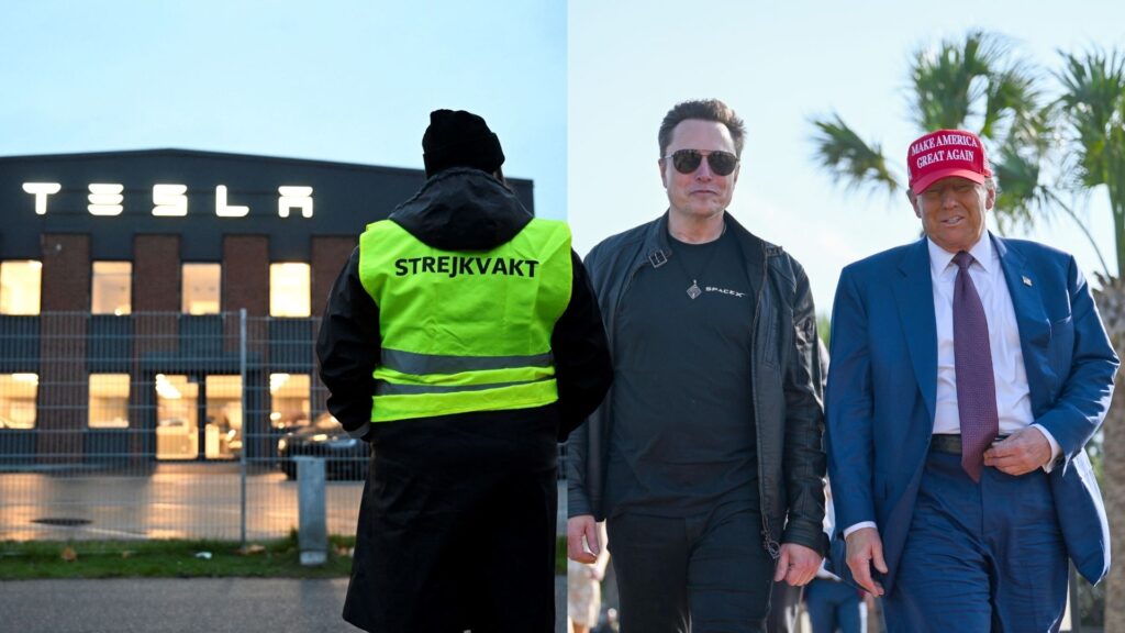 Strejkvakt utanför Teslas anläggning och Elon Musk med Donald Trump i Florida.