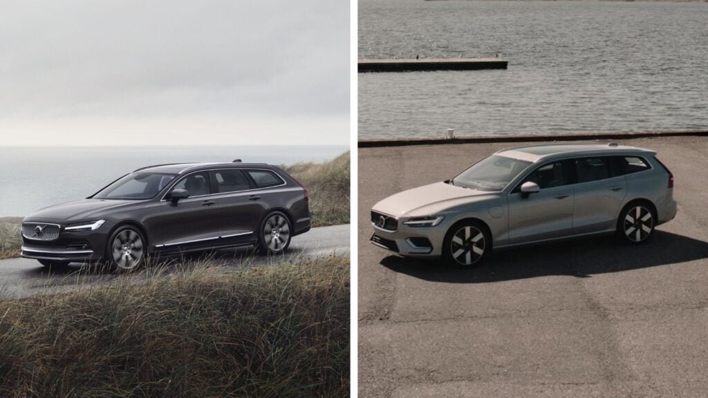 Två Volvo-kombibilar, en svart Volvo V90 parkerad vid en kustväg och en silverfärgad Volvo V60 vid en hamn.